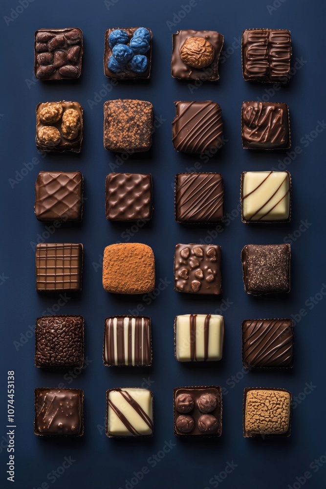 A grid of various square-shaped chocolates arranged in rows and columns on a dark blue background A grid of various square-shaped chocolates arranged in rows and columns on a dark blue background