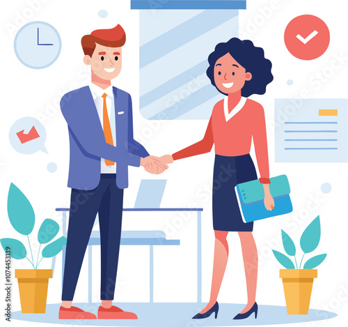 People shaking hands at work - Two businesspeople, man and woman doing handshake in office at work while smiling over business agreement and deal. Flat design stock illustration on white background