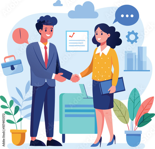 People shaking hands at work - Two businesspeople, man and woman doing handshake in office at work while smiling over business agreement and deal. Flat design stock illustration on white background