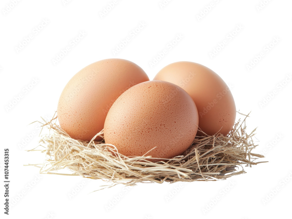 Three eggs in a nest of straw, white isolated background Three eggs in a nest of straw, white isolated background