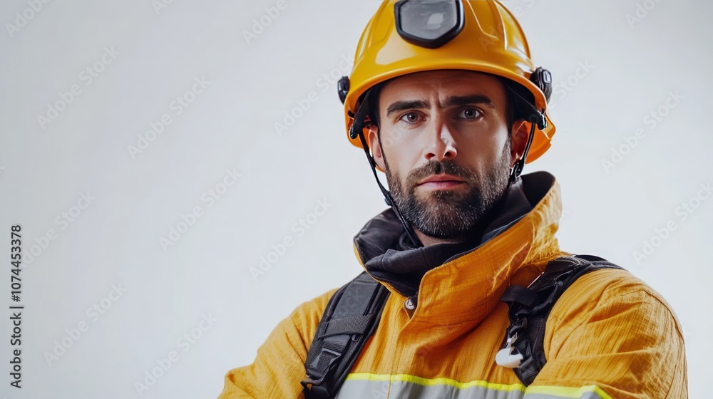 Male firefighter standing with arms crossed on a white background, wearing firefighter uniform and helmet, determined and professional expression Male firefighter standing with arms crossed on a white background, wearing firefighter uniform and helmet, determined and professional expression