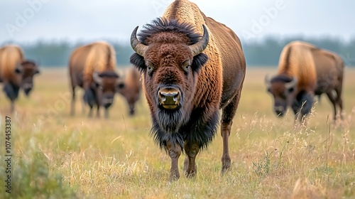 The bison herd peacefully grazes in the expansive field, their majestic presence commanding attention as they roam the vast landscape