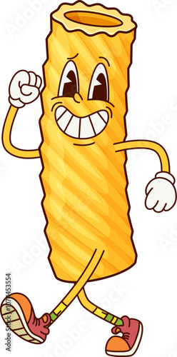 Tortiglioni Italian pasta groovy cheerful character. Italy cuisine menu raw pasta gourmet cute groovy character, Italian restaurant Tortiglioni noodle 60s 70s isolated vector happy mascot or personage