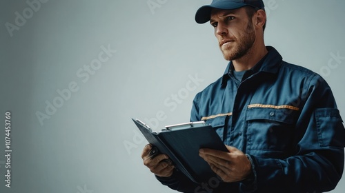 Male mechanic standing checking repair list in logbook on white background, wearing work clothes, serious and focused expression