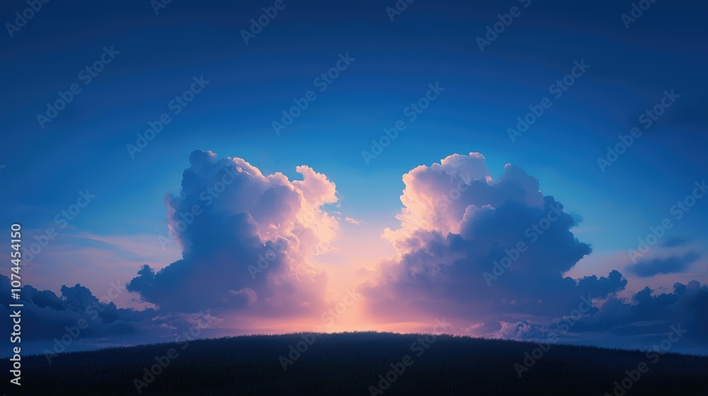 A serene landscape featuring vibrant clouds illuminated by a warm sunset, creating a peaceful and picturesque atmosphere. A serene landscape featuring vibrant clouds illuminated by a warm sunset, creating a peaceful and picturesque atmosphere.