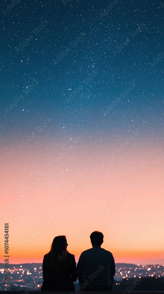 A serene silhouette of a couple gazing at a starlit sky and city lights during dusk, capturing a moment of intimacy and tranquility. A serene silhouette of a couple gazing at a starlit sky and city lights during dusk, capturing a moment of intimacy and tranquility.