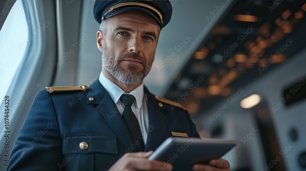 Male pilot standing checking flight schedule on tablet on white background, wearing full pilot uniform and serious expression Male pilot standing checking flight schedule on tablet on white background, wearing full pilot uniform and serious expression