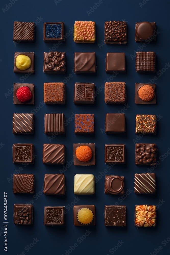 A grid of various square-shaped chocolates arranged in rows and columns on a dark blue background A grid of various square-shaped chocolates arranged in rows and columns on a dark blue background
