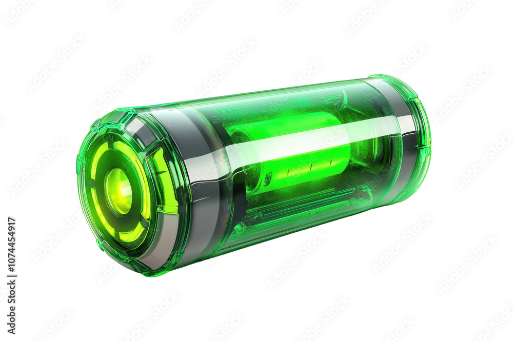 A glowing green energy cell with a sleek cylindrical design. A glowing green energy cell with a sleek cylindrical design.