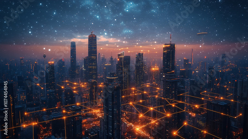An aerial view of a futuristic city with hovering vehicles and high-tech skyscrapers