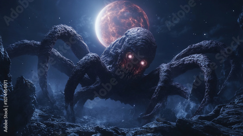An alien creature with bioluminescent features, multiple eyes, and tentacles