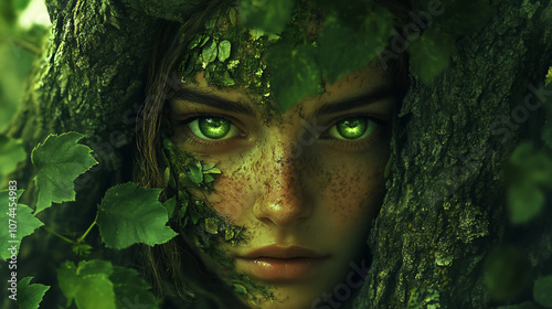 An ethereal forest nymph, her skin adorned with leaves and vines