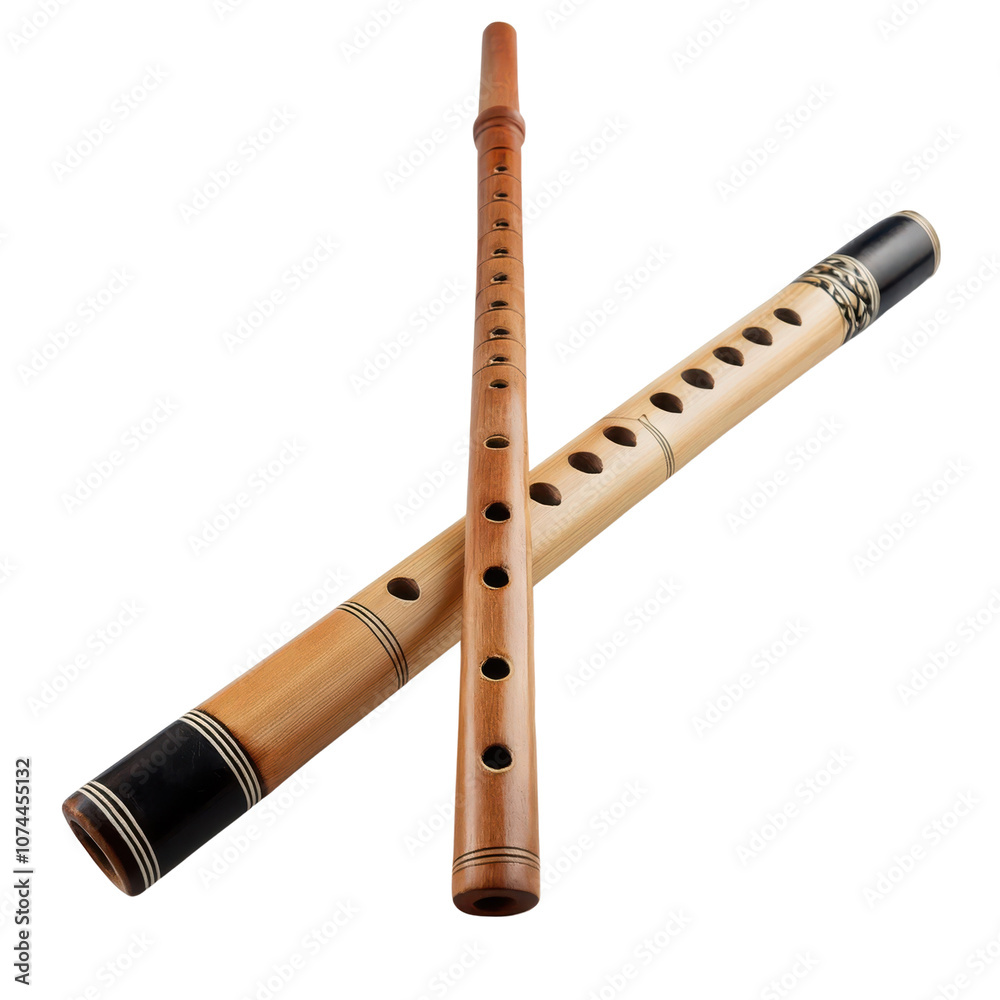 Two traditional wooden flutes crossed on a white background. transparent background