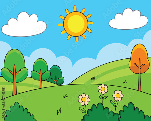 Sunny Day in a Beautiful Green Field with Bushes and Colorful Flowers, Perfect for Outdoor Nature Photography and Scenic Landscape Backgrounds