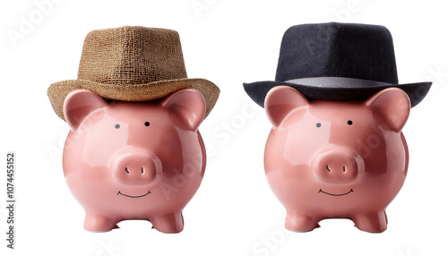 Two piggy banks wearing hats, symbolizing savings and financial management. transparent background photo