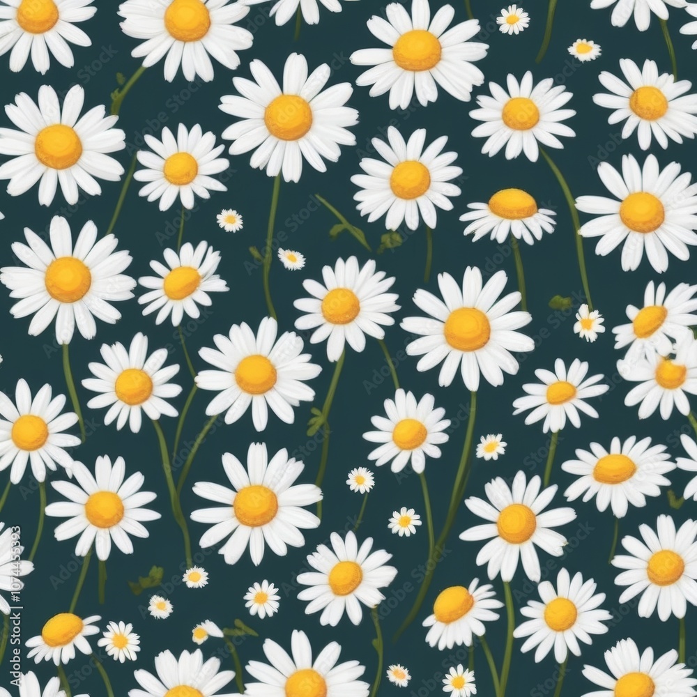 A vibrant pattern of white daisies with yellow centers on a dark green background, creating a fresh and cheerful design perfect for decor and textiles A vibrant pattern of white daisies with yellow centers on a dark green background, creating a fresh and cheerful design perfect for decor and textiles