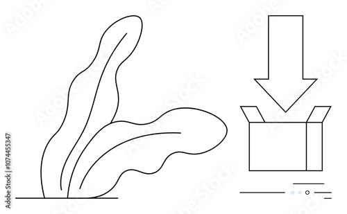 Leaf design next to a box with a downward arrow indicating insertion or download. Ideal for packaging, downloading, software installation, eco-friendly products, content delivery, data transfer