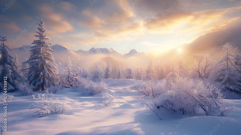 A peaceful, snowy landscape with soft light. A peaceful, snowy landscape with soft light.