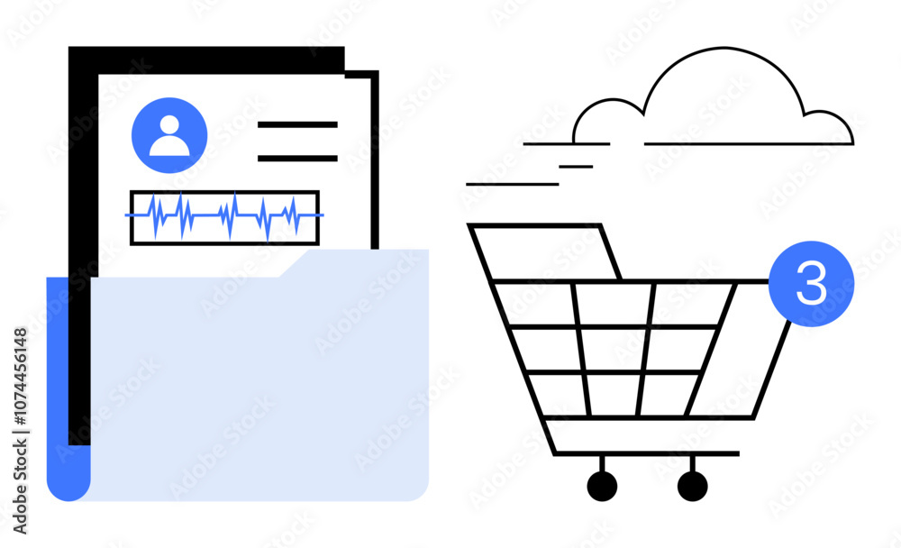 Digital health records stored in a folder with user profile and heartbeat graph beside a shopping cart icon with cloud and number 3 notification. Ideal for healthcare, e-commerce, digital marketing Digital health records stored in a folder with user profile and heartbeat graph beside a shopping cart icon with cloud and number 3 notification. Ideal for healthcare, e-commerce, digital marketing