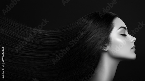 A woman with long black hair is shown with her eyes closed