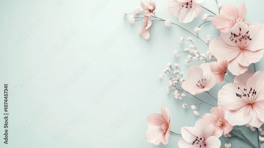 A fashionable flyer with delicate blush pink flowers on a pale mint background, combining luxury and elegance. A fashionable flyer with delicate blush pink flowers on a pale mint background, combining luxury and elegance.