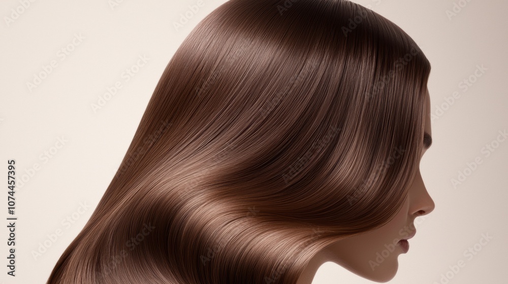 A woman with long brown hair is shown with a shiny, smooth appearance A woman with long brown hair is shown with a shiny, smooth appearance