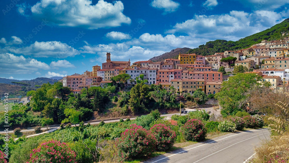 Beauitiful view of the Italian mountain village of Rio nel Elba