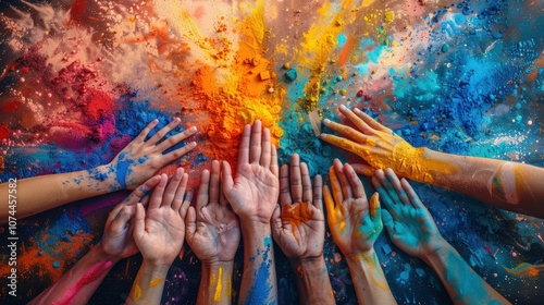 Vibrant Celebration of Colorful Hands in a Creative Explosion of Paint and Powder Revealing Diversity, Unity, and Artistic Expression Through Joyful Participation