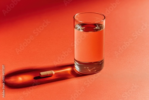 Minimalistic still life with glass of water and capsule on orange surface