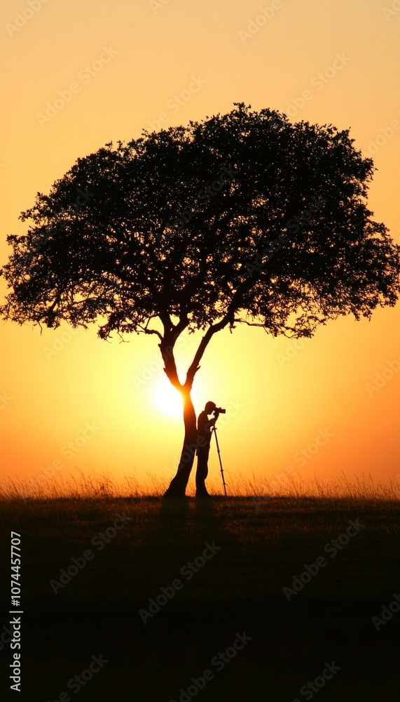 Silhouette Of Photographer Capturing Scenic Golden Sunset With Acacia Tree On Meadow, Africa Silhouette Of Photographer Capturing Scenic Golden Sunset With Acacia Tree On Meadow, Africa
