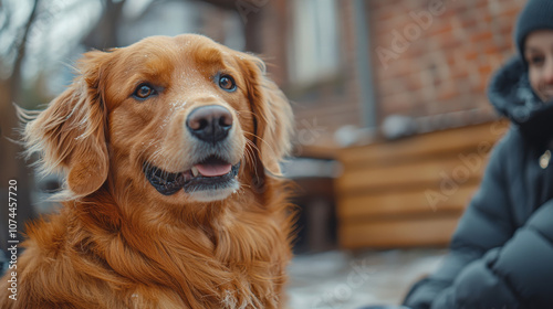 friendly therapy dog with golden coat enjoys snowy day, bringing joy and comfort to those around. Its warm expression and playful demeanor create heartwarming scene