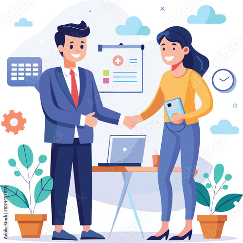 People shaking hands at work - Two businesspeople, man and woman doing handshake in office at work while smiling over business agreement and deal. Flat design stock illustration on white background