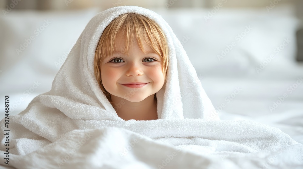Obraz premium Joyful Little Girl Wrapped in White Towel Smiles at Beauty of Clean Skin, Clean Background, Skincare
