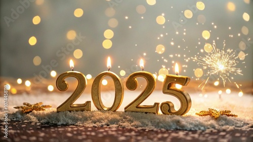 Holiday background for Happy New Year 2025, with the numbers made from gold candles on a bokeh festive sparkling background. Perfect for New Year celebrations with space for text.