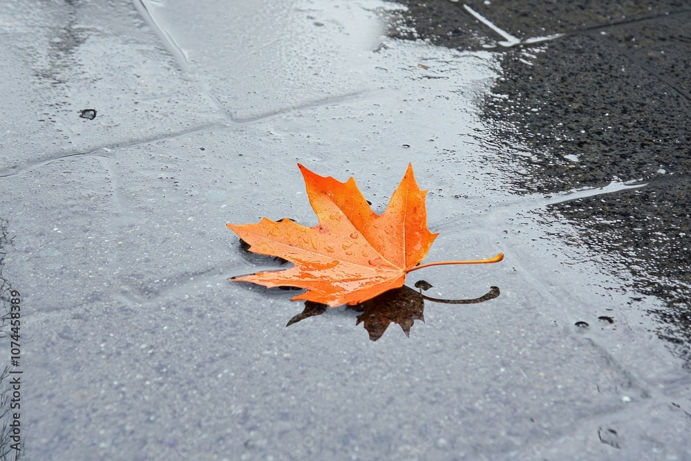 A leaf on wet pavement, rain causing intricate reflections and patterns on the glossy ground around it. A leaf on wet pavement, rain causing intricate reflections and patterns on the glossy ground around it.