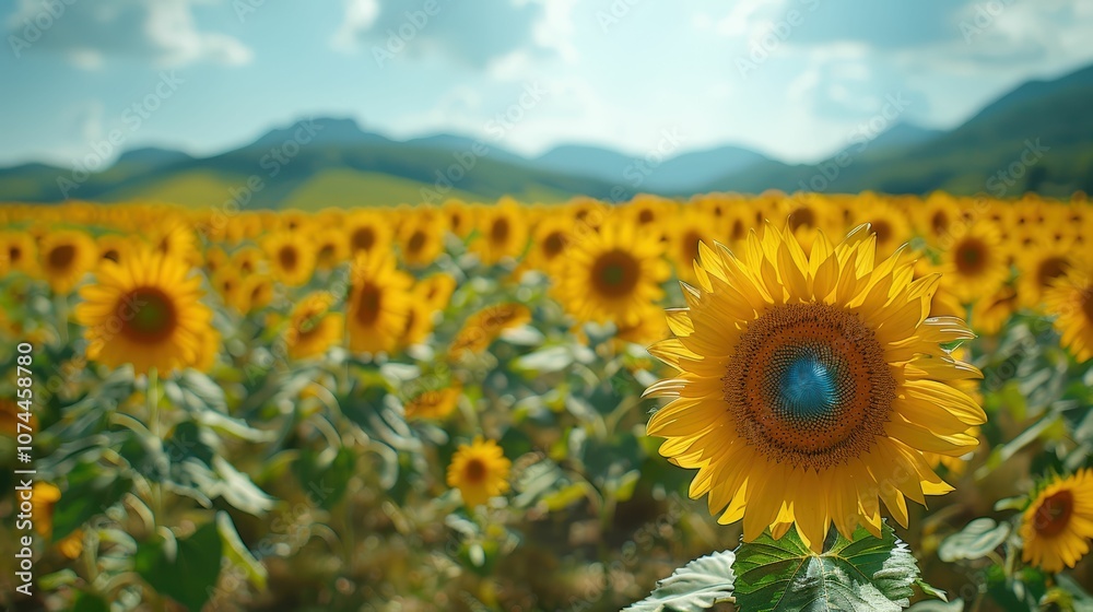 Obraz premium Vibrant Sunflower Field Under Bright Sky with Mountain Range in Background, Capturing Nature's Beauty and Colorful Floral Landscape in Full Bloom