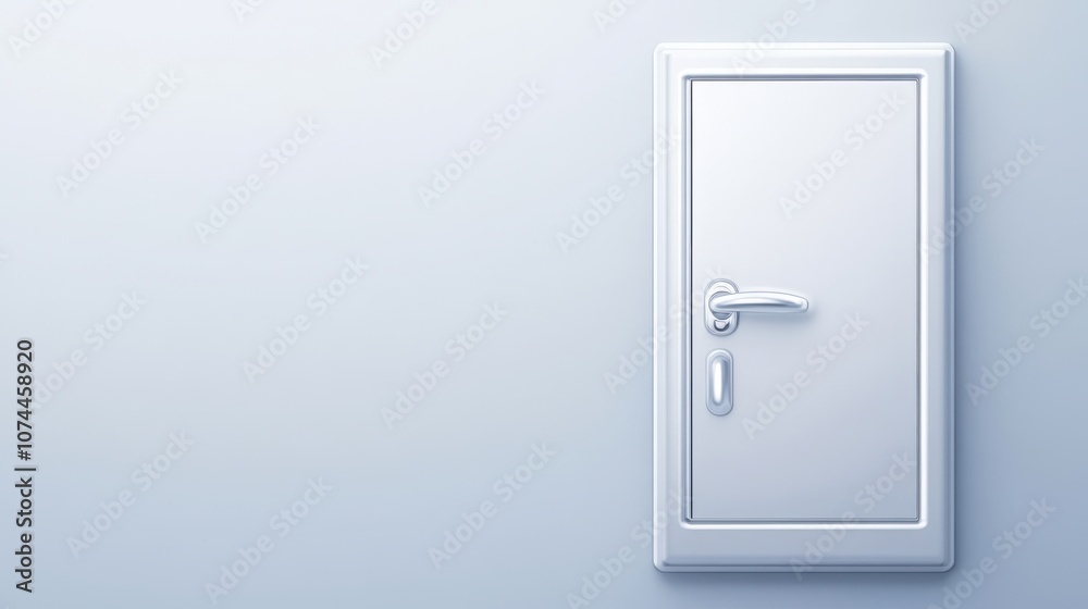A minimalist white door with a sleek handle against a pale blue wall, emphasizing simplicity and modern design. A minimalist white door with a sleek handle against a pale blue wall, emphasizing simplicity and modern design.