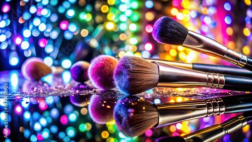 Captivating Reflections of Glittering Beauty: Makeup Brushes and Iridescent Abstract Art Showcasing Vibrant Colors and Light in a Stunning Visual Composition photo