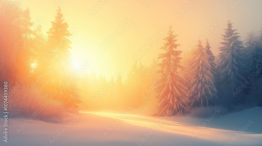 Golden Sunrise Over a Snowy Winter Forest Landscape Golden Sunrise Over a Snowy Winter Forest Landscape