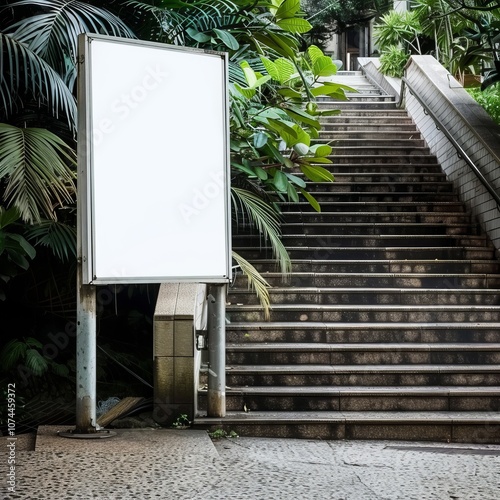 Set against a background of greenery and a stairway  photo