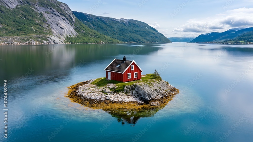 Description: A picturesque island nestled in the Nordic archipelago, boasting a charming red cottage built in traditional Norwegian architecture