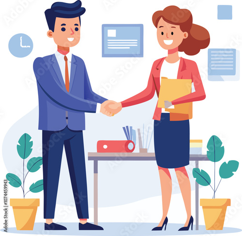 People shaking hands at work - Two businesspeople, man and woman doing handshake in office at work while smiling over business agreement and deal. Flat design stock illustration on white background