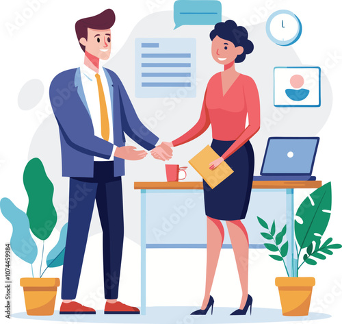 People shaking hands at work - Two businesspeople, man and woman doing handshake in office at work while smiling over business agreement and deal. Flat design stock illustration on white background