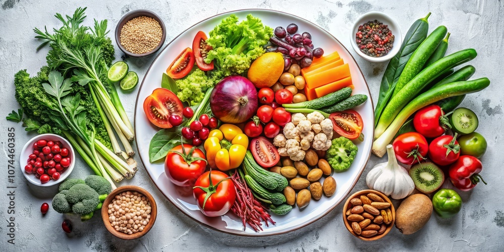 A Colorful Display of Fresh Vegetables, Fruits, and Nuts on a White Background for Product Photography A Colorful Display of Fresh Vegetables, Fruits, and Nuts on a White Background for Product Photography