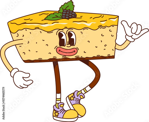 Cartoon groovy cake bakery and pastry character. Vector fun and quirky slice of biscuit or cheesecake dessert retro food personage with a blackberry on top, exuding a sense of joy and playfulness