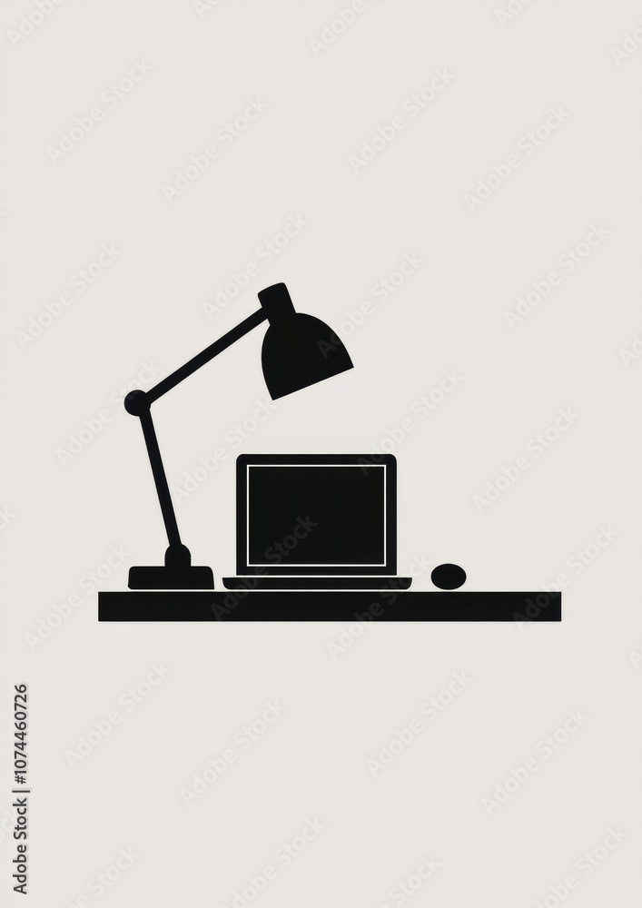 Fototapeta premium A black and white image of a desk with a laptop and a lamp