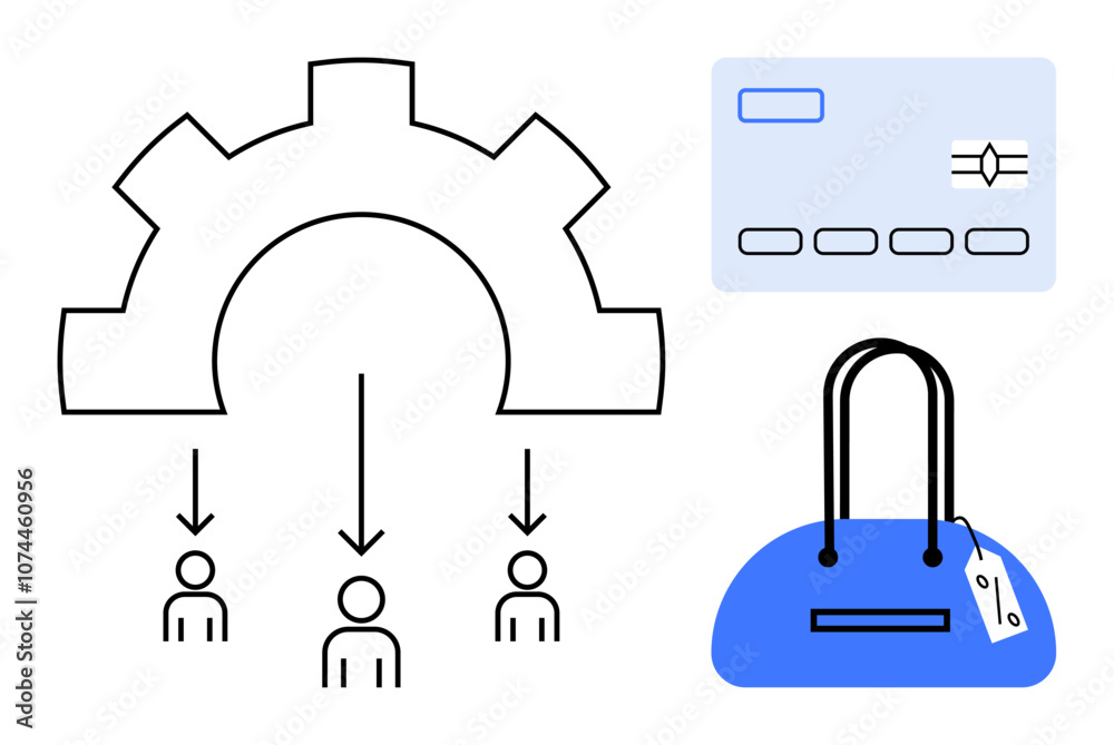 Gear diagram connects three people icons. Credit card for finance and shopping. Blue handbag with price tag. Ideal for business processes, team structure, financial transactions, ecommerce, shopping Gear diagram connects three people icons. Credit card for finance and shopping. Blue handbag with price tag. Ideal for business processes, team structure, financial transactions, ecommerce, shopping