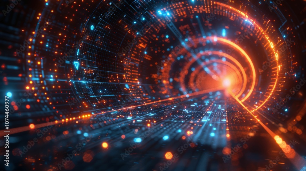 Digital Abstract Background with Glowing Particles and Light Trails in a Sci-Fi Tunnel Concept, Ideal for Tech and Futuristic Themes in Visual Media and Designs Digital Abstract Background with Glowing Particles and Light Trails in a Sci-Fi Tunnel Concept, Ideal for Tech and Futuristic Themes in Visual Media and Designs