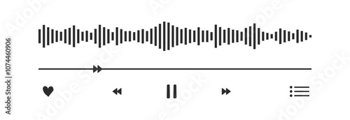 Music or video play interface bar icon, voice record display. Podcast playlist, play button. Song simple equalizer, record.