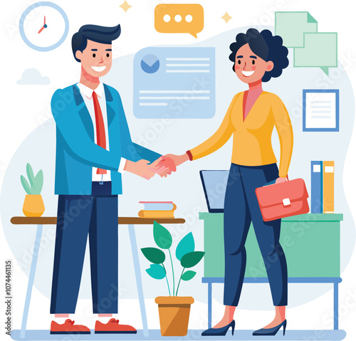 People shaking hands at work - Two businesspeople, man and woman doing handshake in office at work while smiling over business agreement and deal. Flat design stock illustration on white background